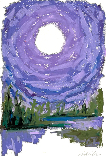 Abstract landscape in oil pastel, shades of violet and green