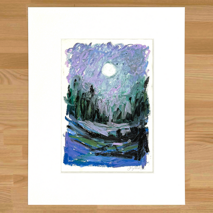 Abstract landscape in oil pastel, moon and trees