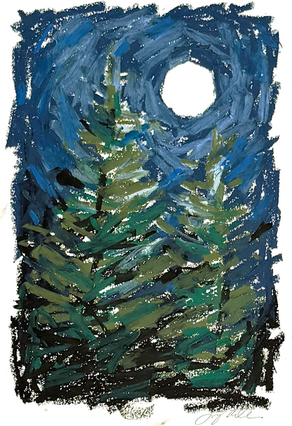 Abstract landscape in oil pastel, dark blues and greens