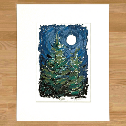 Abstract landscape of moon and trees in oil pastel, matted in white