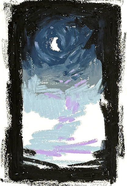 Abstract landscape in oil pastel, black, grays, and violet