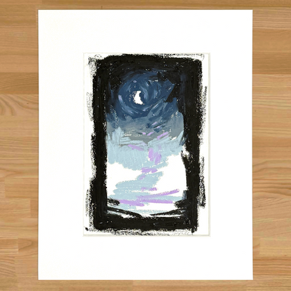 Abstract night sky landscape in oil pastel, matted in white
