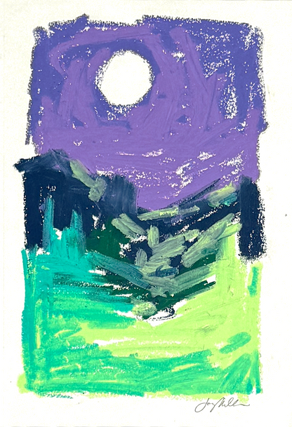 Abstract landscape in oil pastel, greens and violets