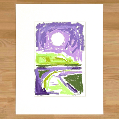 Abstract landscape in oil pastel, purples and greens
