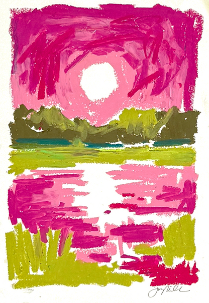 Abstract landscape in oil pastel, pinks and greens