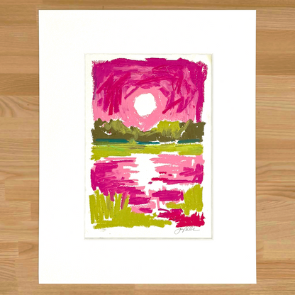 Abstract landscape in oil pastel, matted in white
