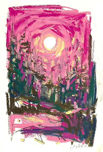 Abstract landscape in oil pastel, pinks and greens