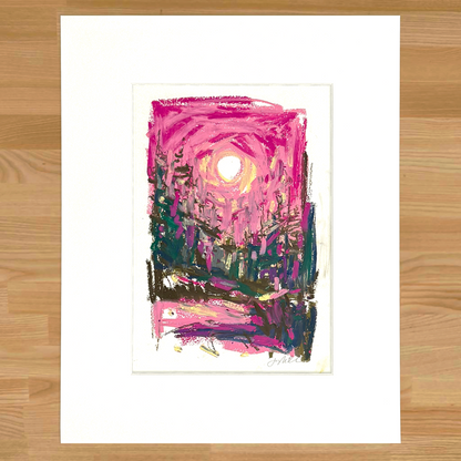 Abstract landscape in oil pastel, matted in white