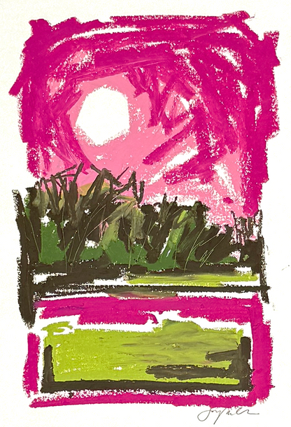 Abstract landscape in oil pastel, pinks and greens