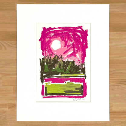 Abstract landscape in oil pastel, matted in white