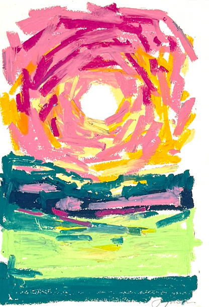 Abstract landscape in oil pastel, pinks, greens, and yellow