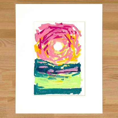 Abstract landscape in oil pastel, matted in white
