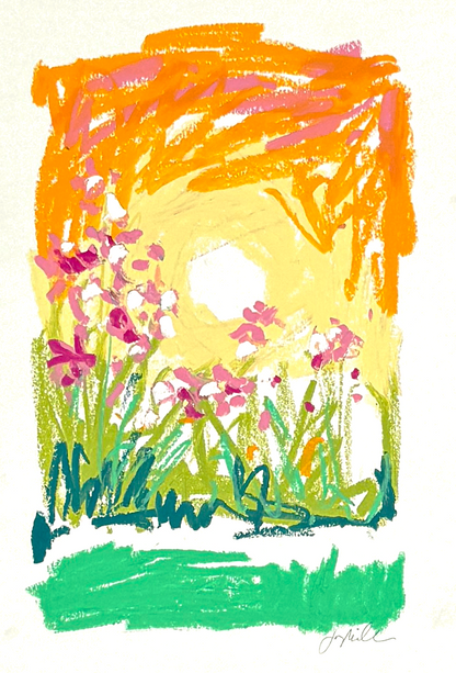 Colorful abstract art piece with flowers and a sun.
