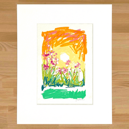 Abstract landscape with pink flowers, matted in white