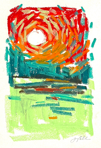 Abstract landscape in oil pastel, reds and greens