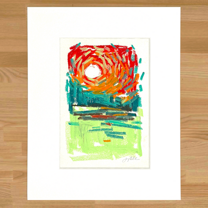 Abstract landscape in oil pastel, matted in white