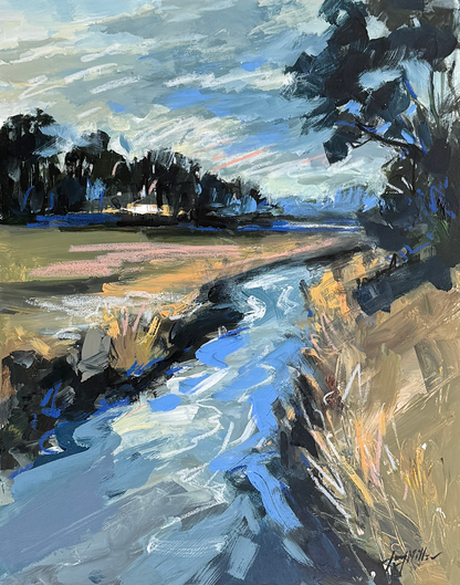 Painting of a landscape with a river, trees, and sky.
