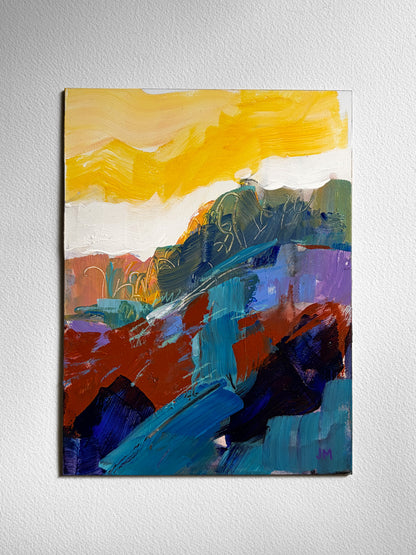 An abstract landscape painting on board, featuring bold brushstrokes of yellow, blue, red, green, purple, and black, displayed on a textured off-white wall.