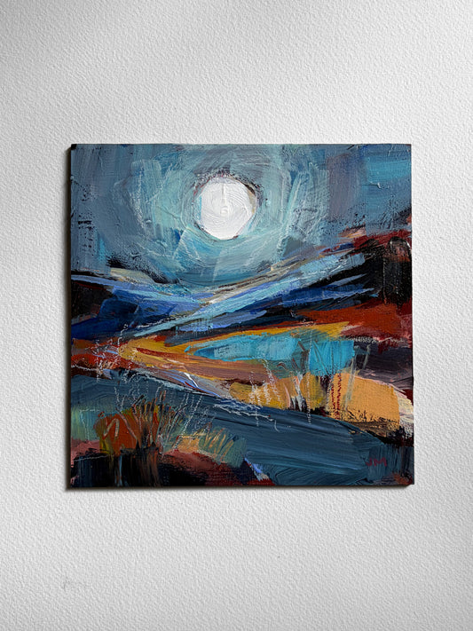 An abstract landscape painting on canvas, featuring a prominent white moon in a swirling blue night sky above layered waves of blue, orange, brown, and black, displayed on a textured white wall.