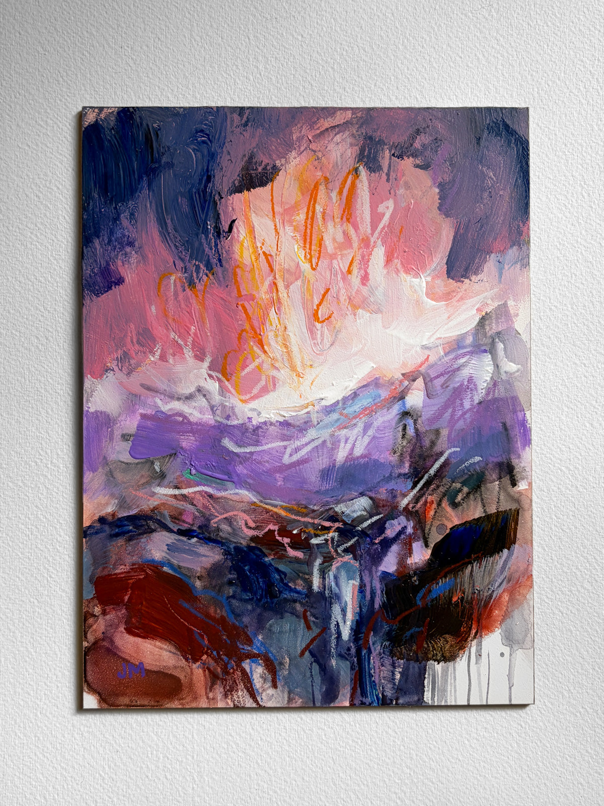An abstract painting featuring expressive brushstrokes in purple, pink, orange, blue, and white, displayed on a textured white wall.
