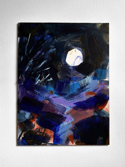 An abstract canvas painting featuring expressive brushstrokes in deep blue, purple, black, and touches of orange, displayed on a textured white wall.