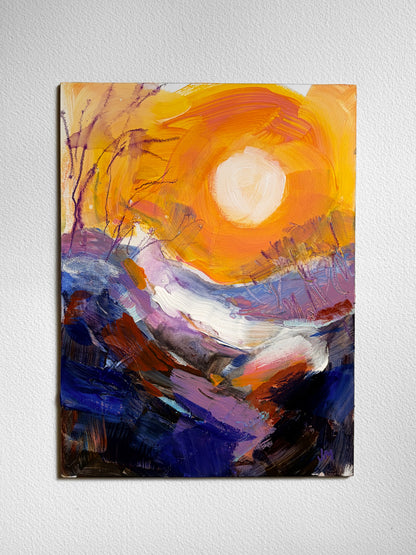 An abstract landscape painting on board, featuring a bright yellow and orange sun over purple, blue, and white mountainous terrain, displayed on a textured white wall.