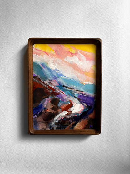expressive landscape against white background, pink and yellow sky, hills and pathway
