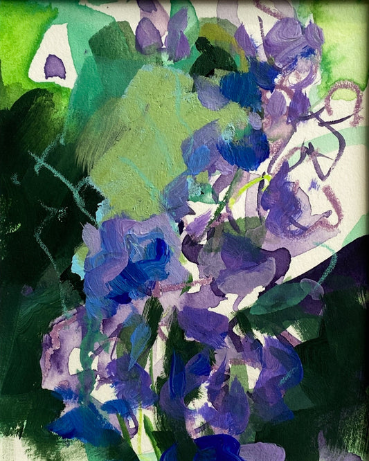 Abstract painting of purple and blue flowers with green leaves