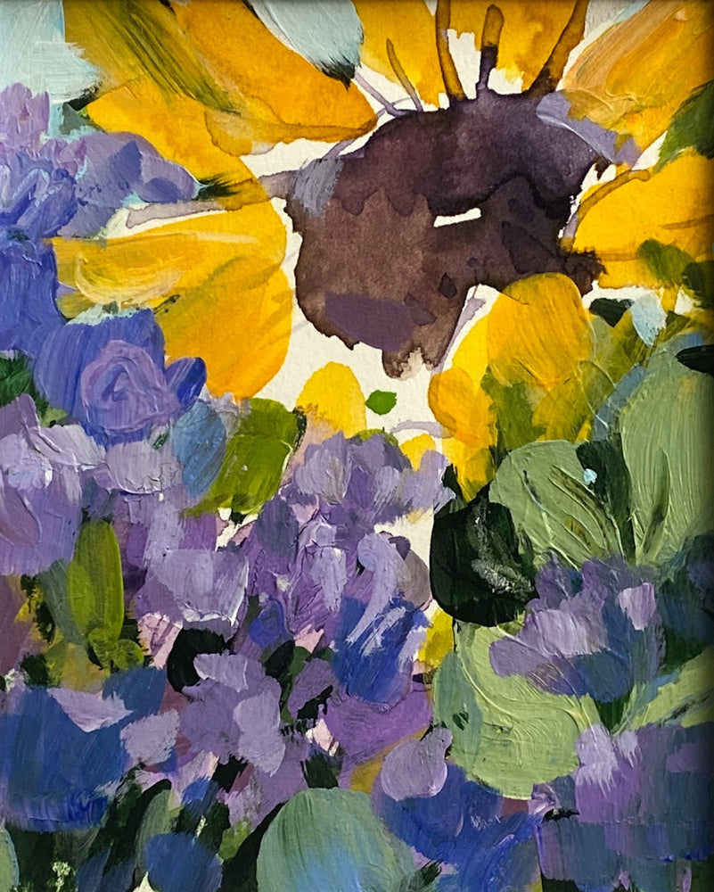 Colorful abstract painting of flowers with yellow, purple, and green hues.
