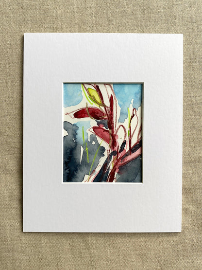 Painting of a red and green plant in a white mat on a textured beige background