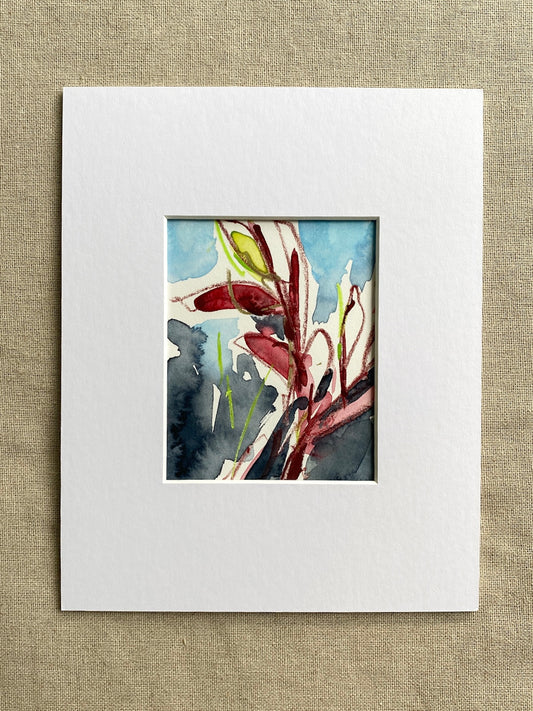 Painting of a red and green plant in a white mat on a textured beige background