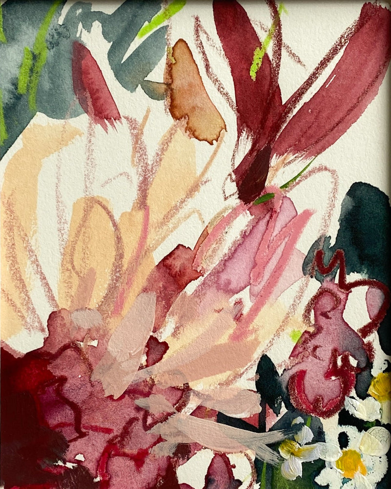 Abstract watercolor painting with floral elements in red, pink, and green on a white background.