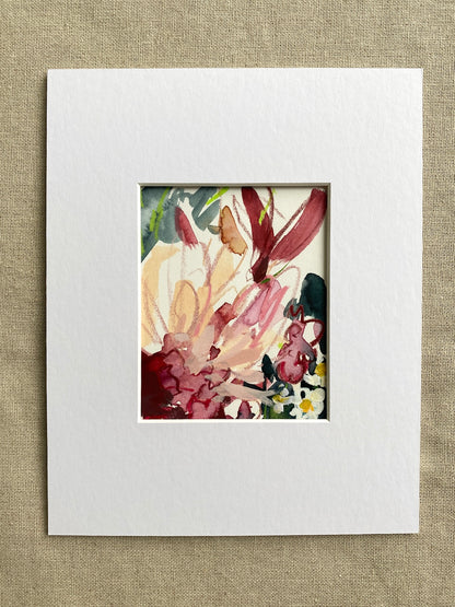 Pink floral painting in a white mat on a textured beige background