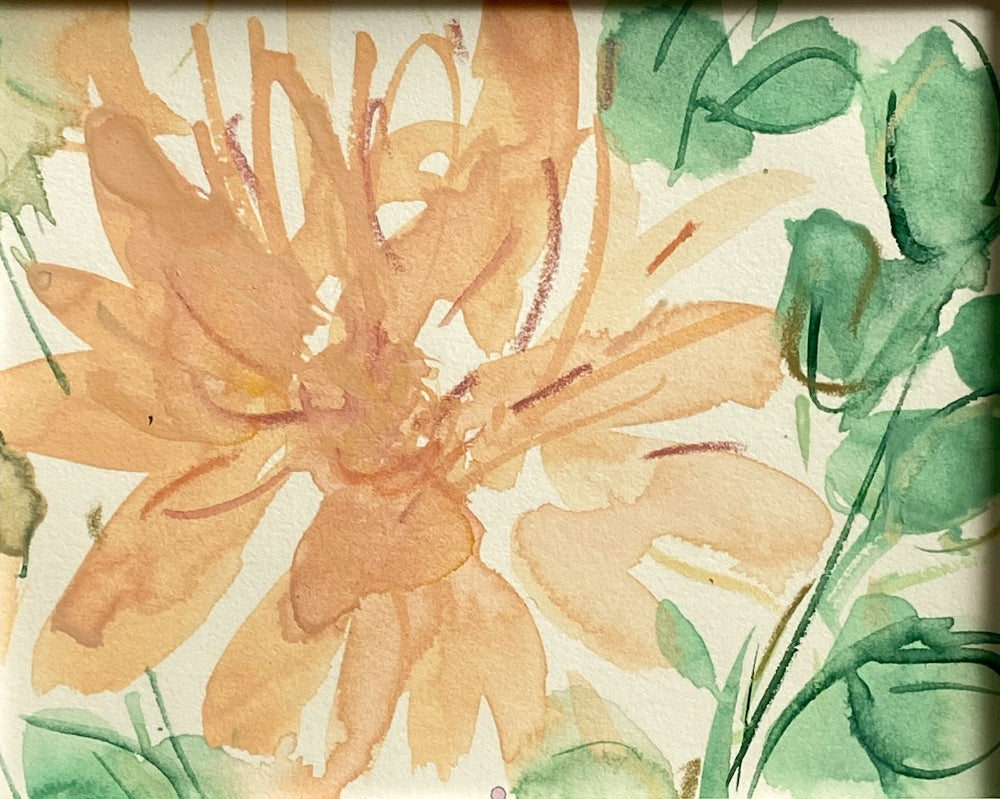 Peach and green floral painting with white background