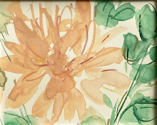 Peach and green floral painting with white background