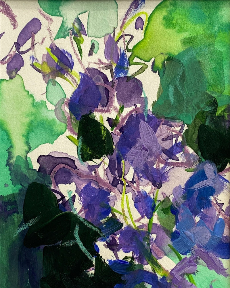 Abstract painting of purple and green flowers