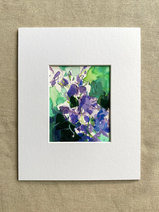 Floral abstract artwork with purple and green colors in white mat on beige textured background