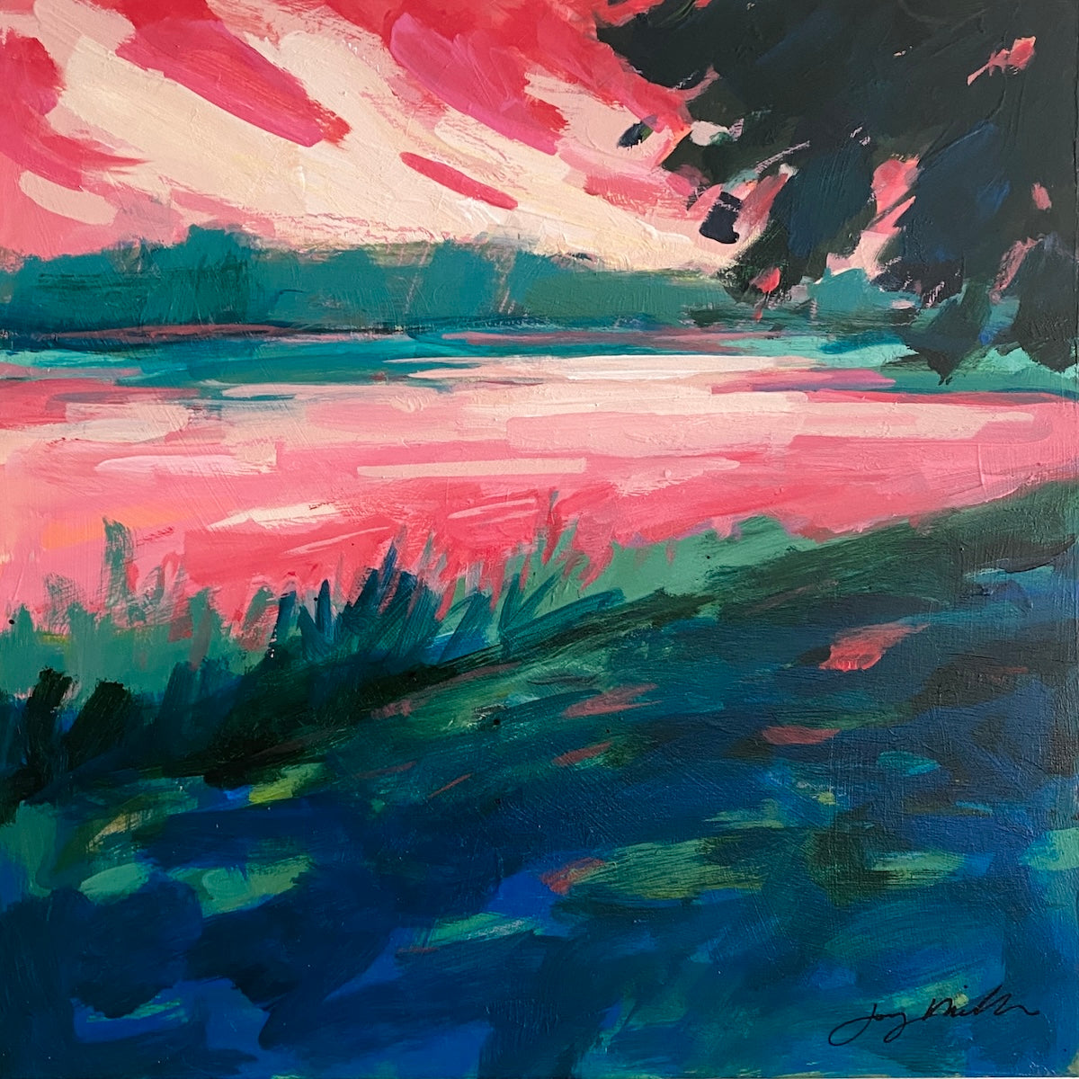 Abstract landscape painting in pink, blue, and green colors