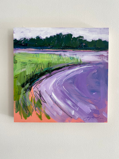 Abstract landscape painting of shoreline in greens and purples, against white wall