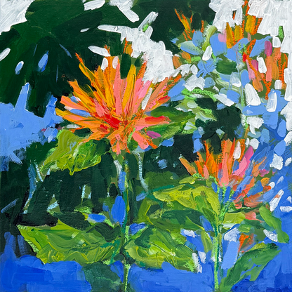 Colorful abstract painting of orange flowers and leaves with a blue background