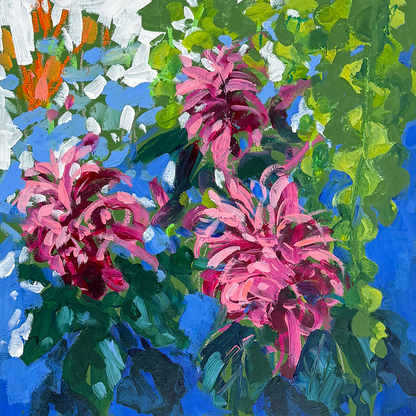Colorful abstract painting of pink flowers and green leaves