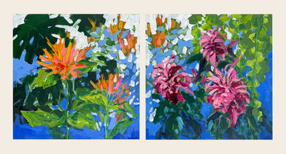 Two panels of floral artwork with vibrant flowers and green leaves on a blue background.