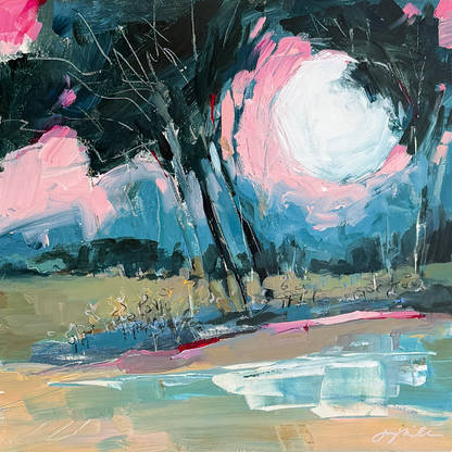 Abstract landscape painting with pink and shades of green