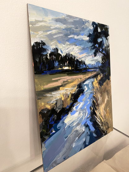 Abstract painting of a landscape with trees and water against a white wall.